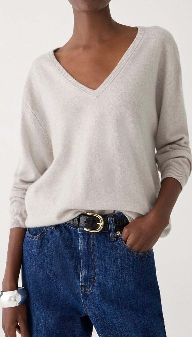 J.Crew 100% Cashmere V-Neck Relaxed Sweater Medium Grey Beige Minimalist